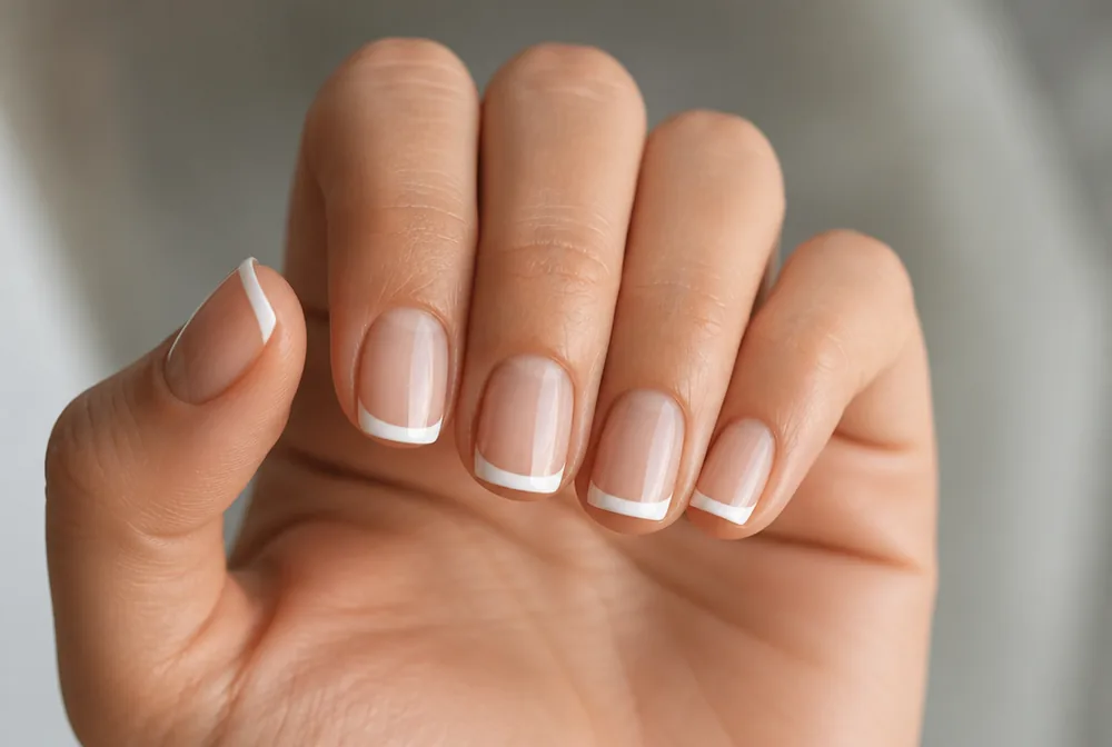 squoval french tip nails with white smile line