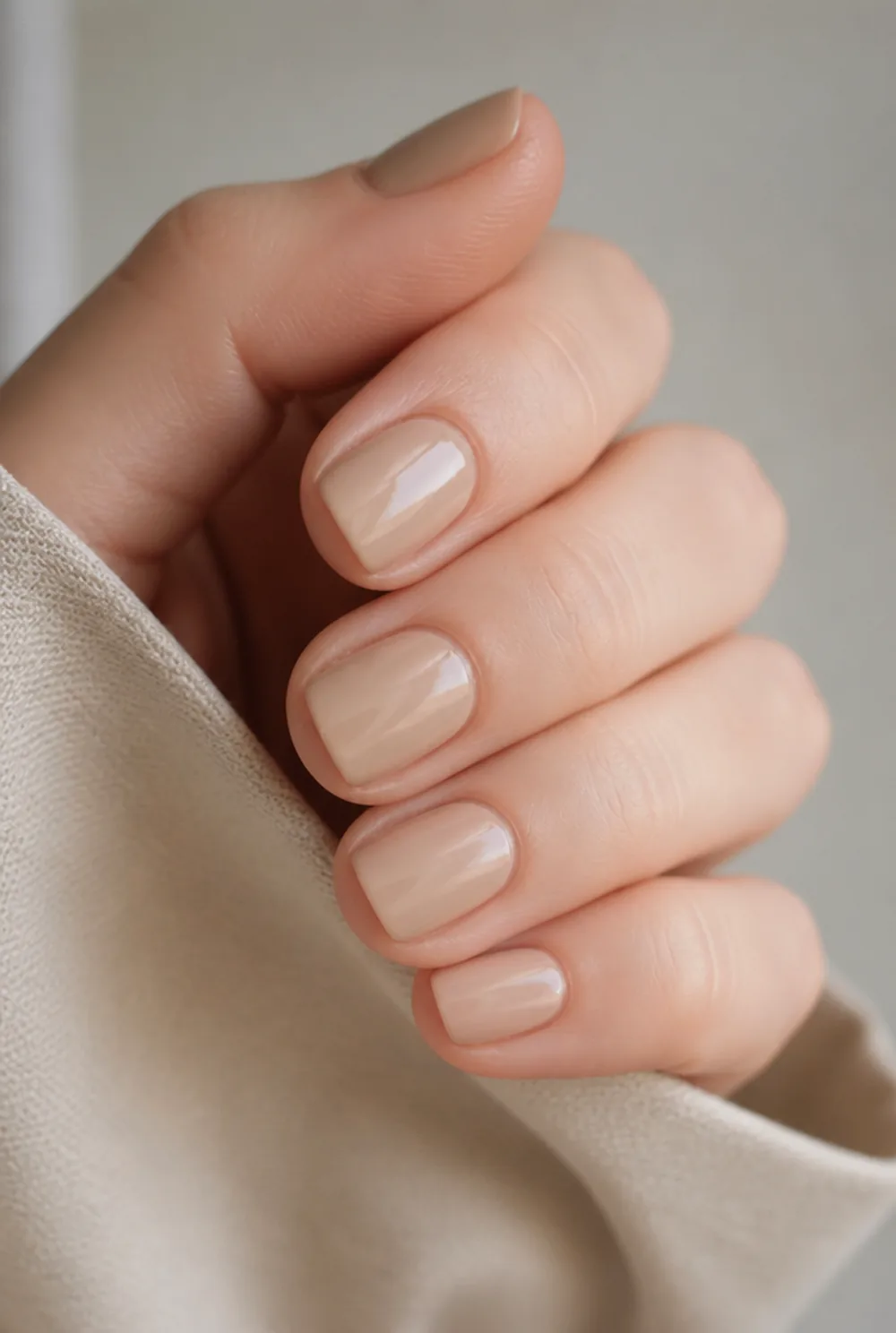 short squoval nude nail art on fair skin, short length