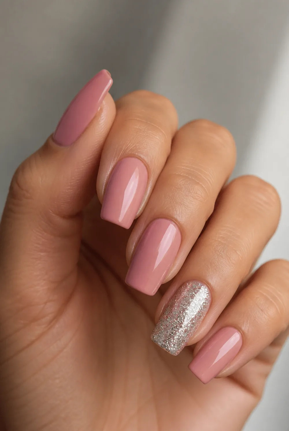 squoval glitter accent nail art on olive skin, long length