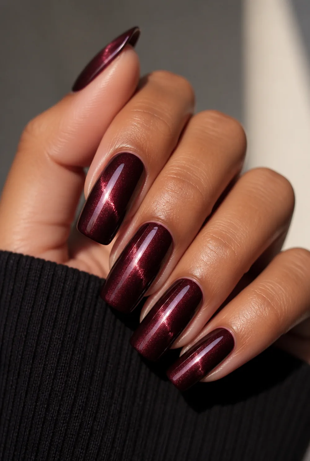 squoval cat eye nail art on olive skin, long length