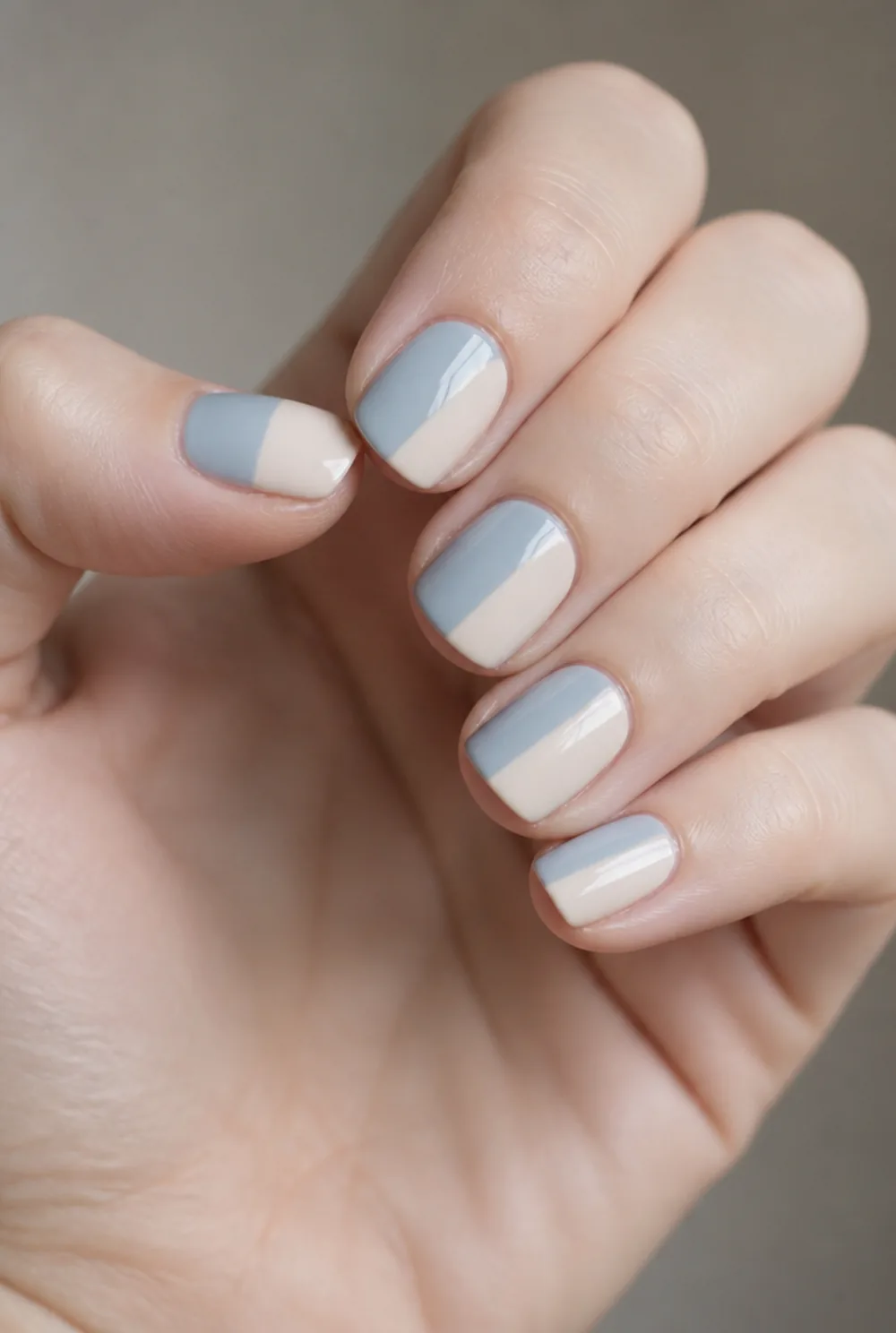 squoval colour block nail art on fair skin, short length