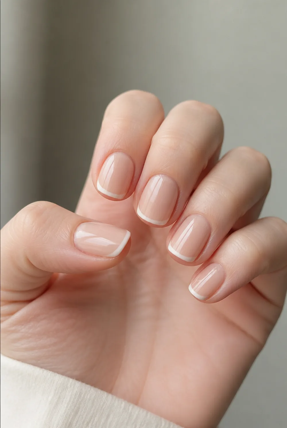 squoval french tip nail art on fair skin, short length