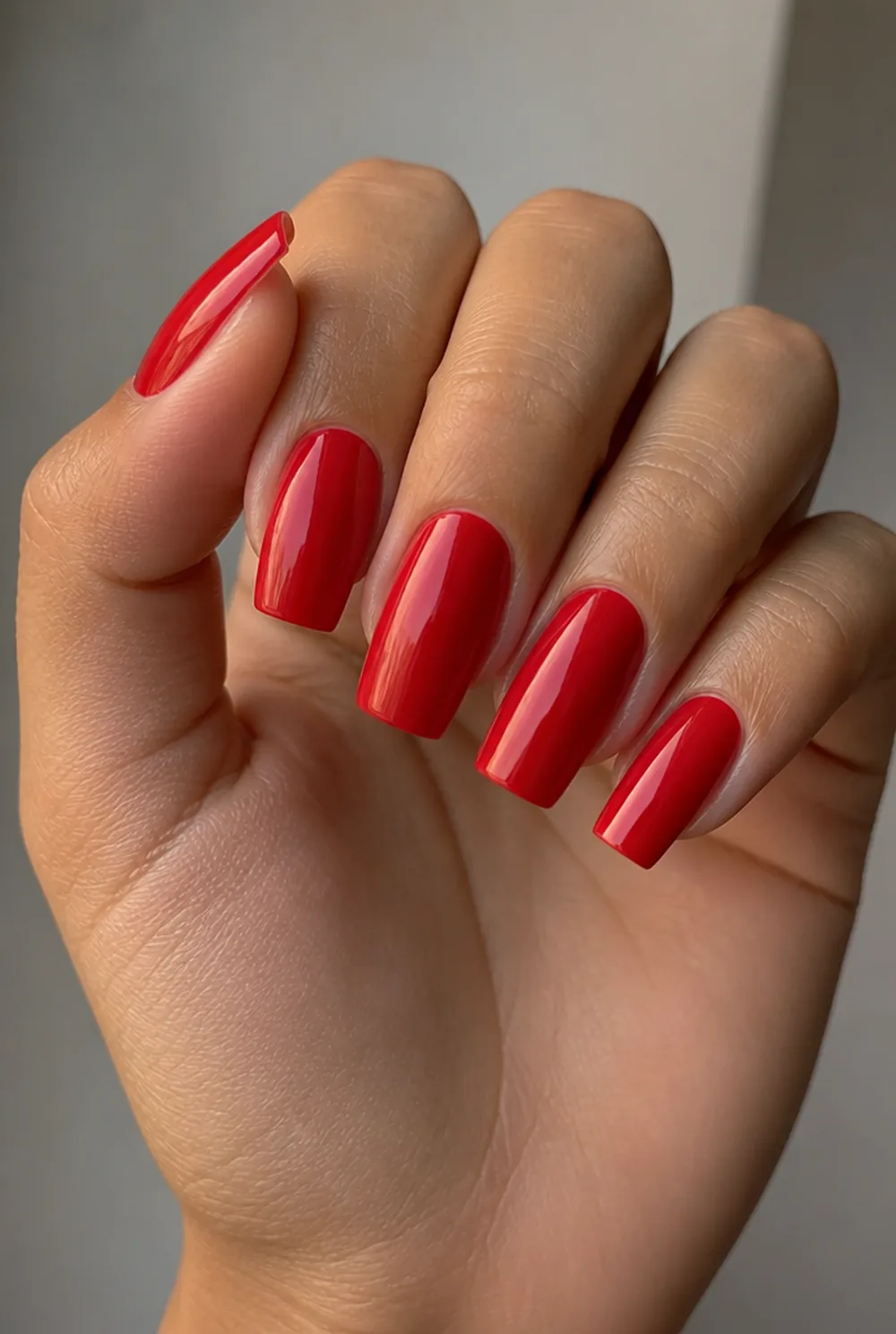squoval red nail art on olive skin, long length