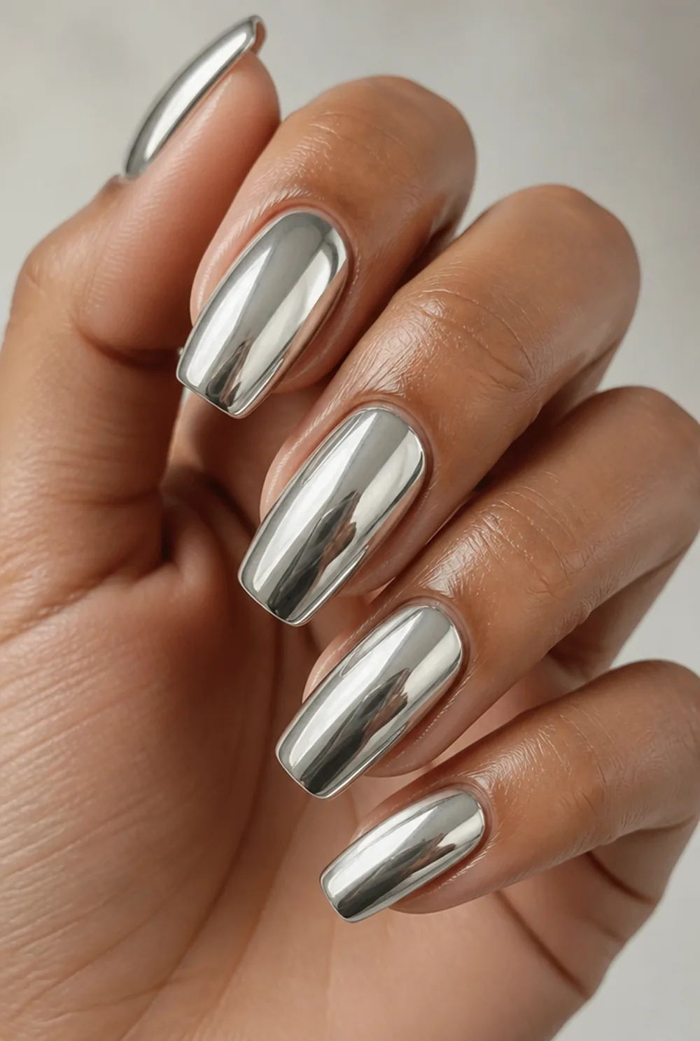 squoval chrome nail art on olive skin, long length