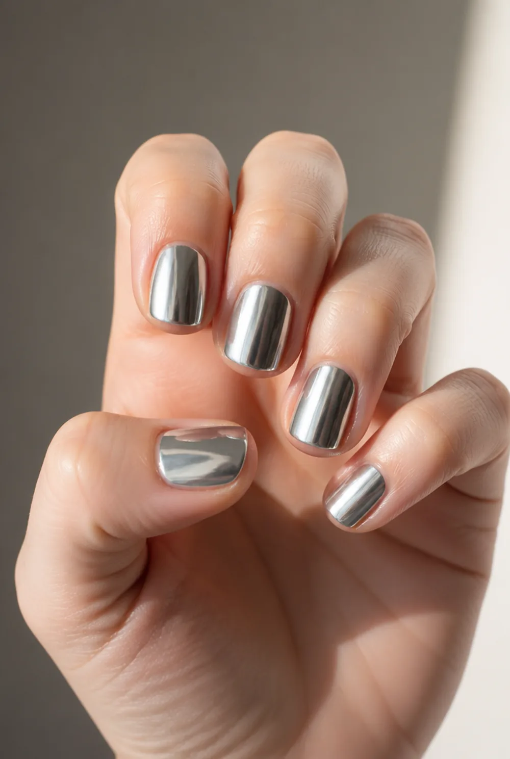 squoval chrome nail art on fair skin, short length