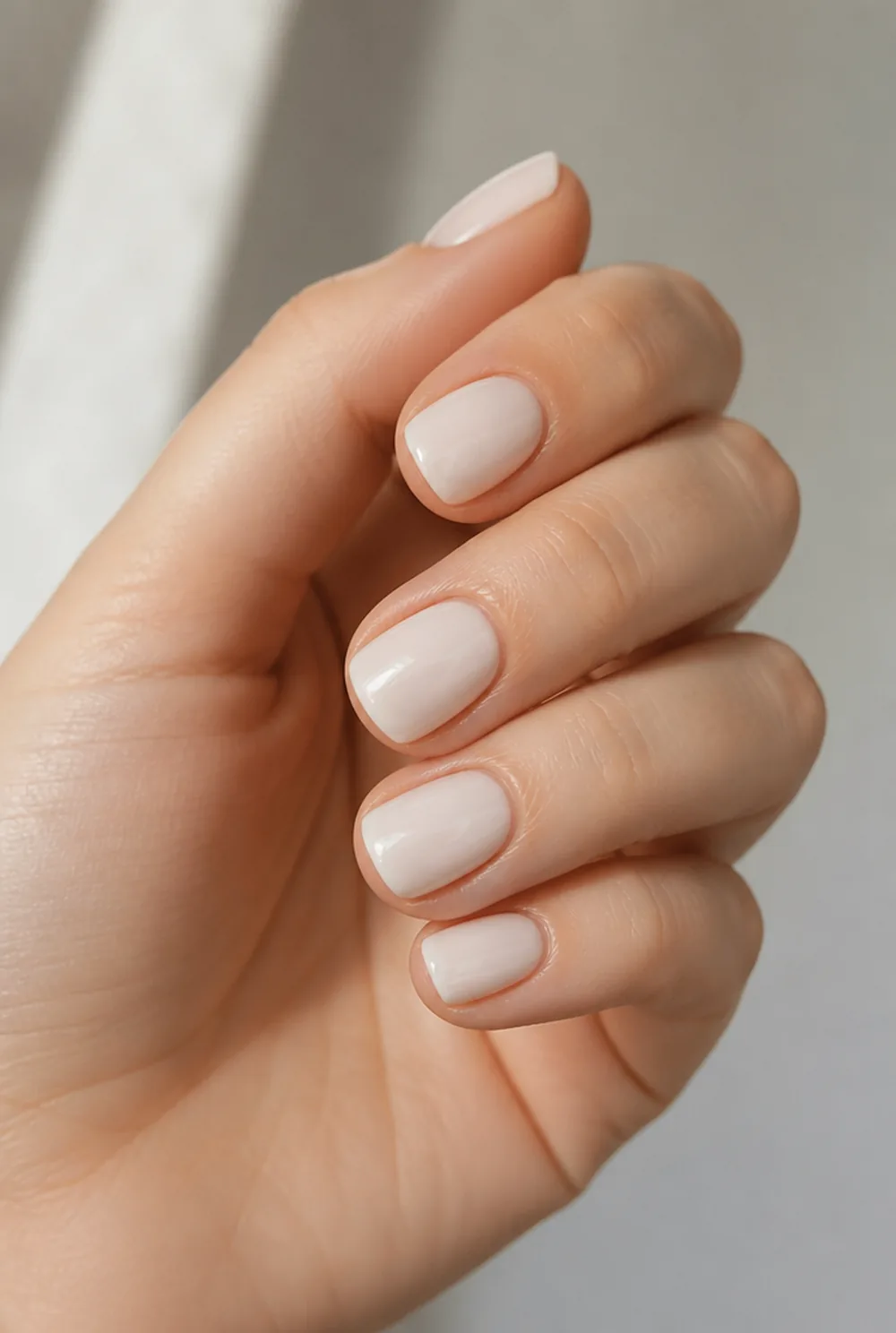 squoval milky white nail art on fair skin, short length