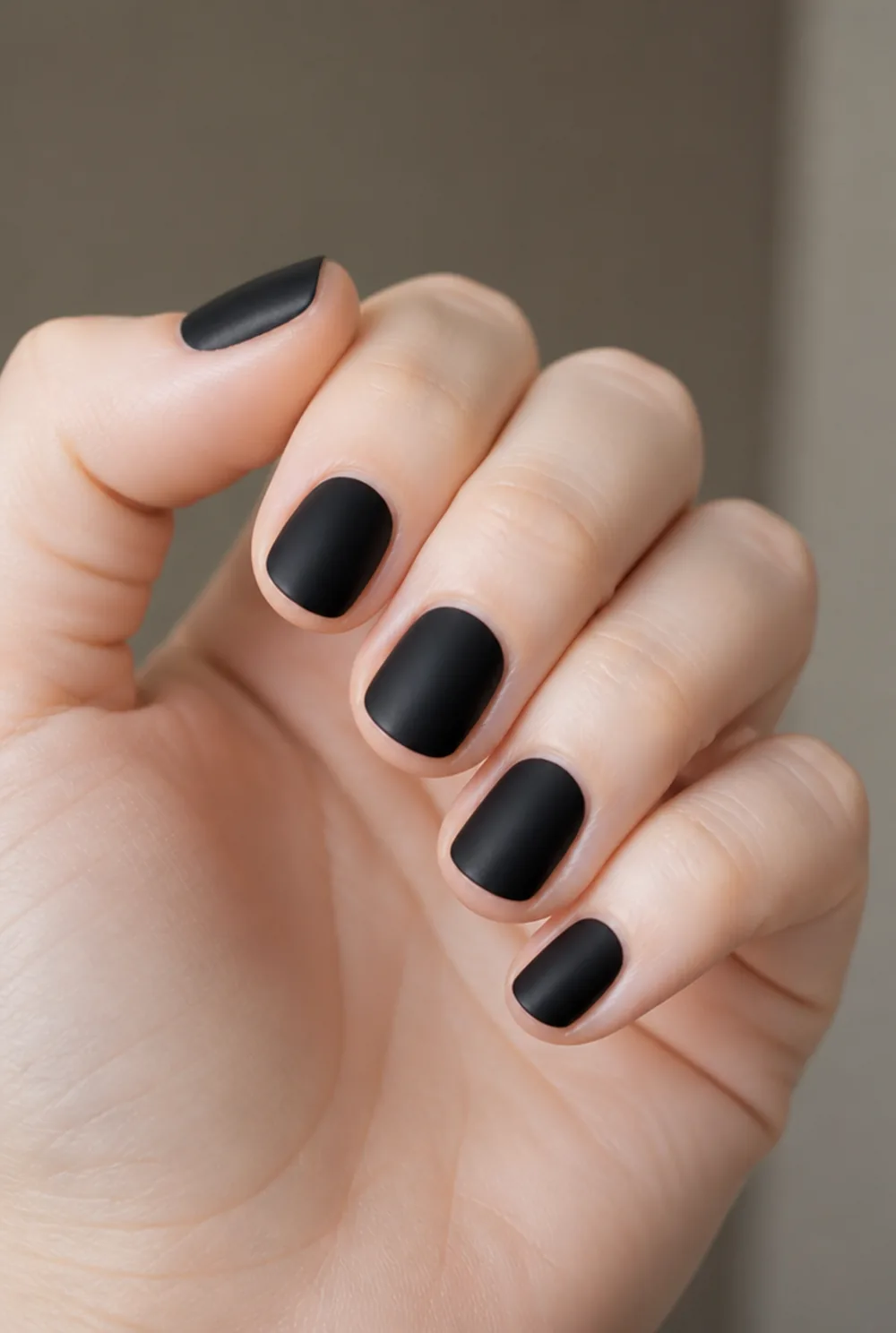 squoval matte black nail art on fair skin, short length