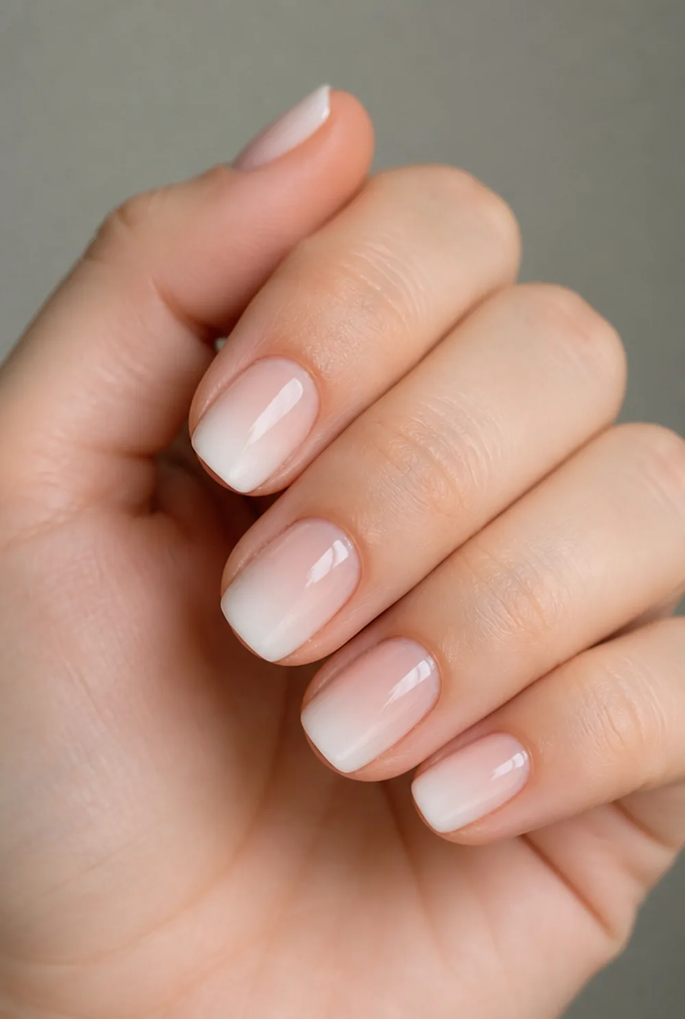 squoval ombre nail art on fair skin, short length