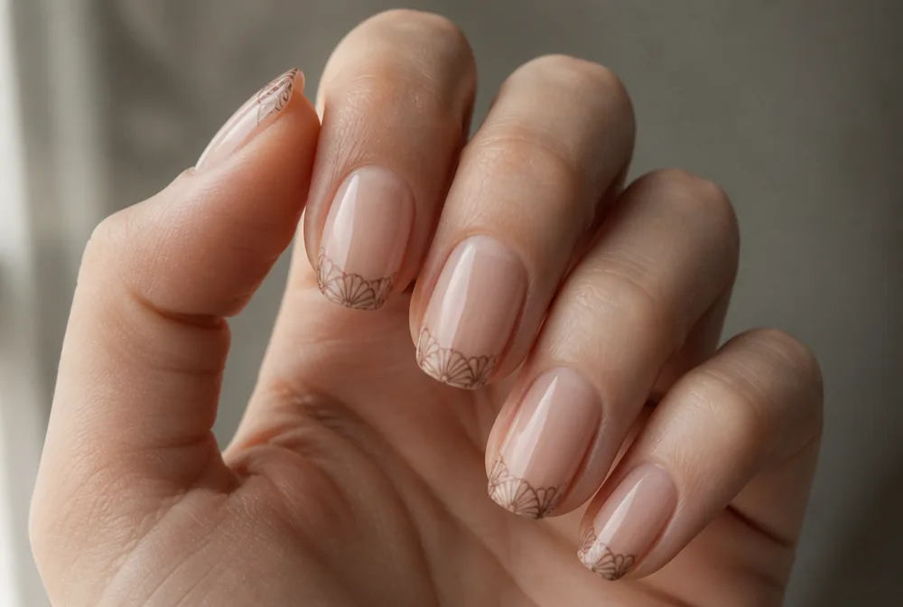 stamped french tip nails with patterned edge