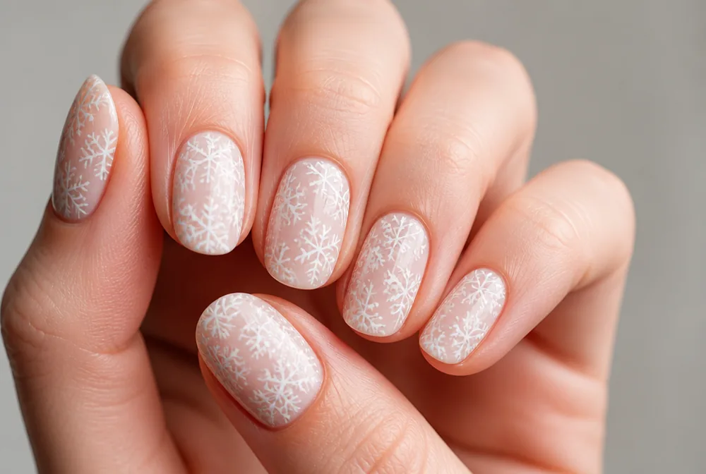 stamped snowflake nail art with uniform white pattern