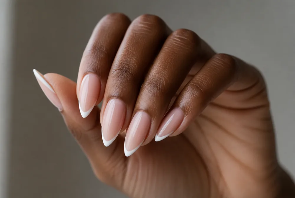 stiletto French tip nails with a pointed smile line