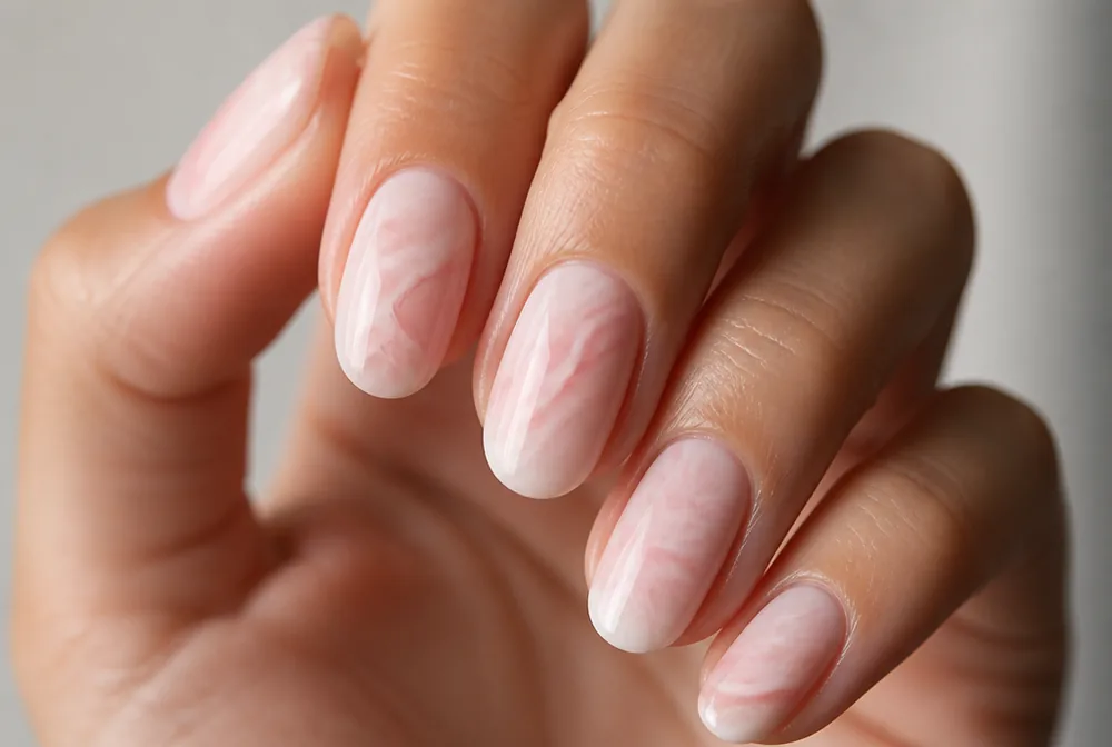 strawberry milk swirl pink nail art on milky base