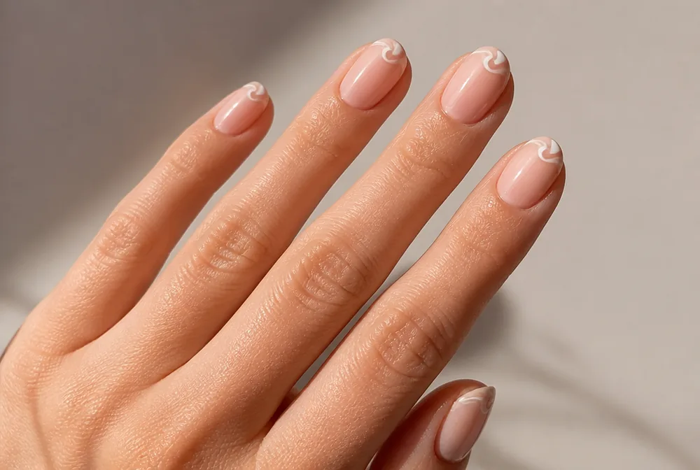 swirl french tip nails with wavy smile line