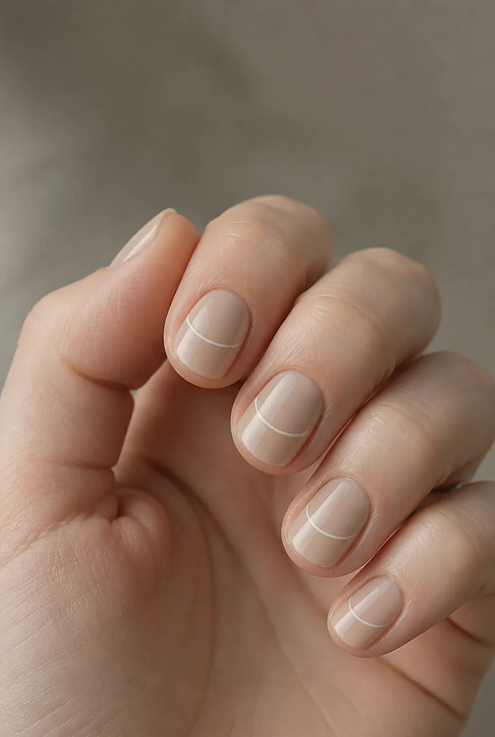 single white swirl on nude nail art on fair skin, short length
