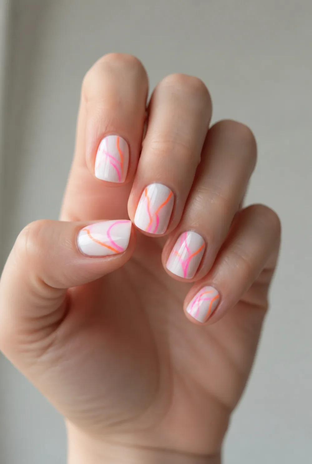 neon swirl nail art on fair skin, short length