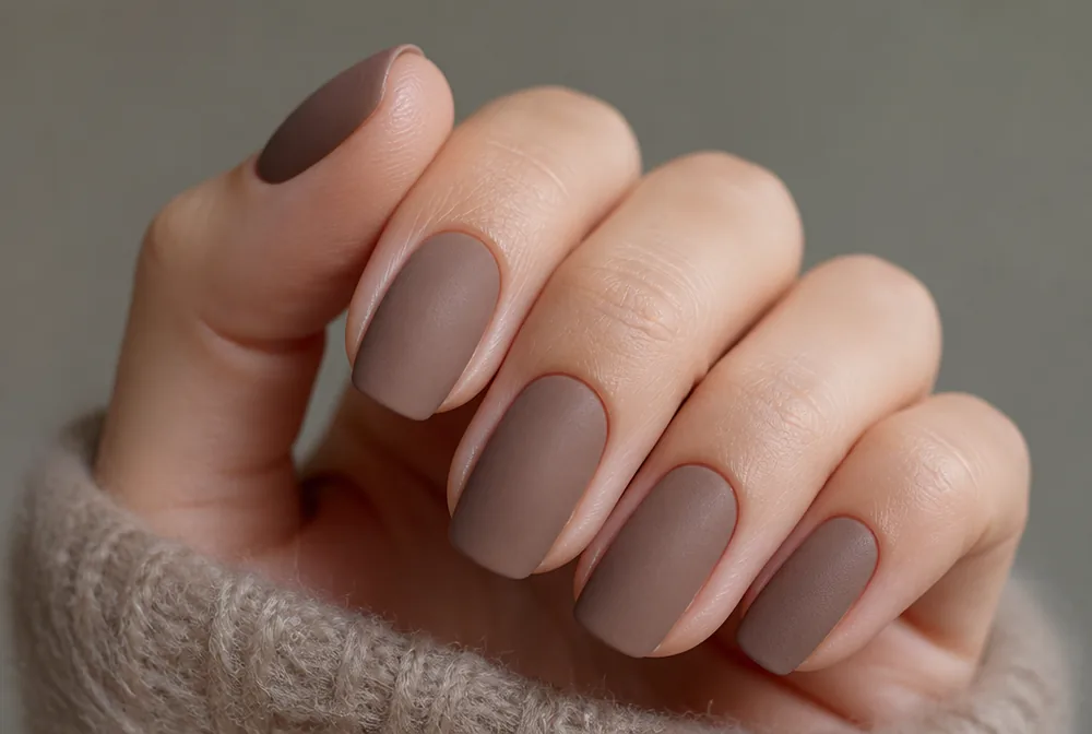 taupe suede matte December nails on medium nails