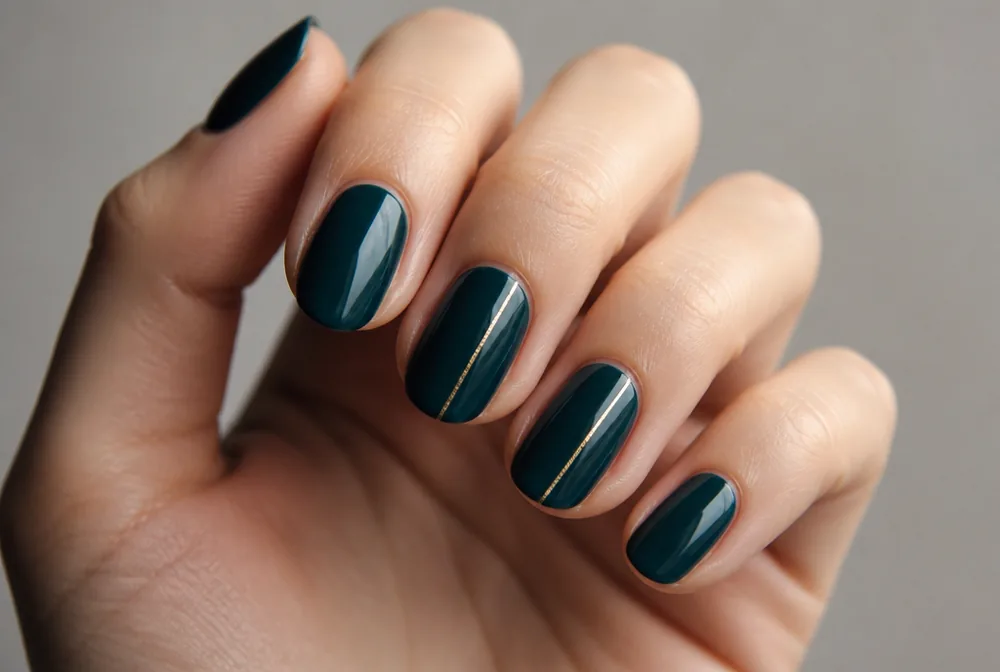 teal and gold line nail design
