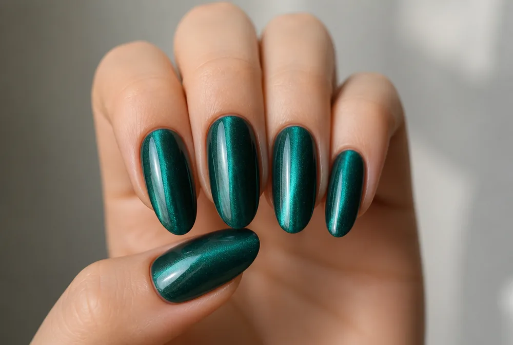 teal cat eye magnetic nails with light stripe