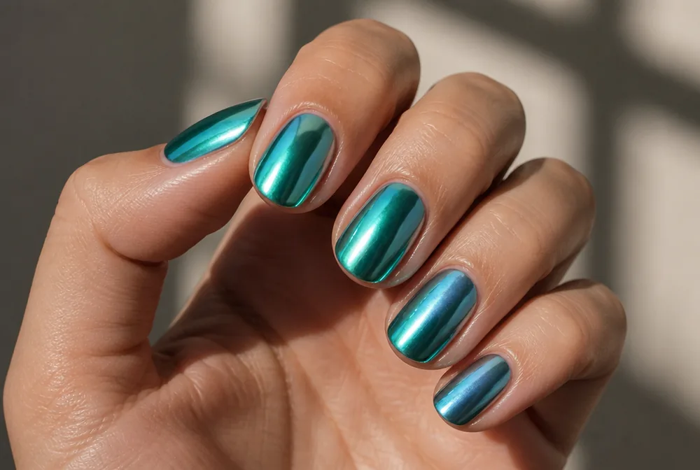 teal chrome nails with metallic shift