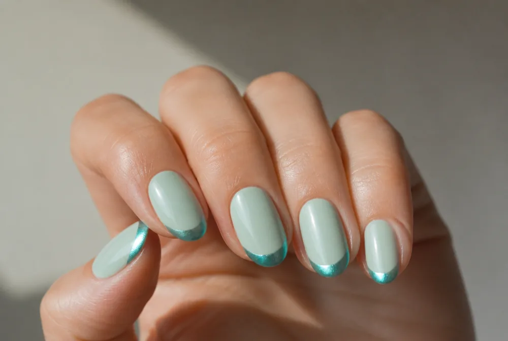 teal chrome tip nails on seafoam base