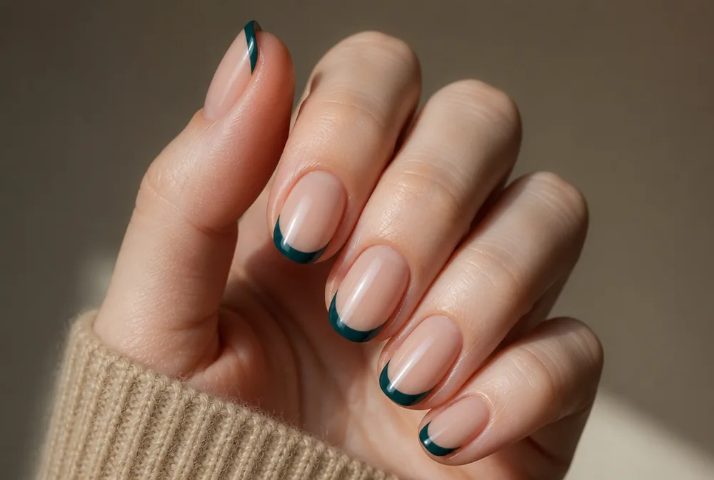 teal French tip nails on nude base