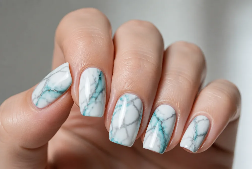 teal marble nails with veining