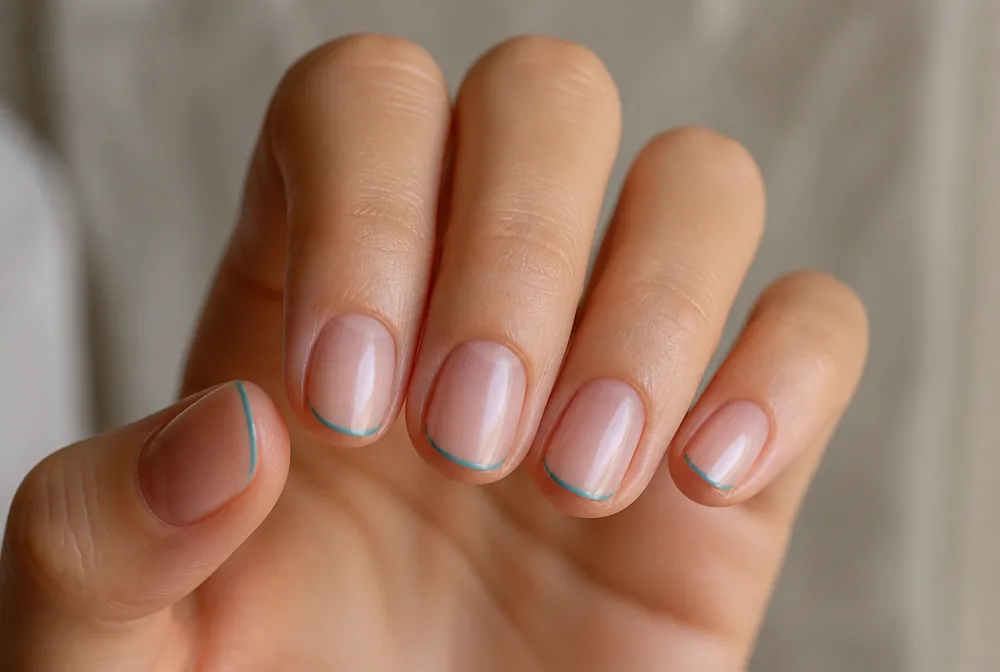 teal micro French nails with hairline tip