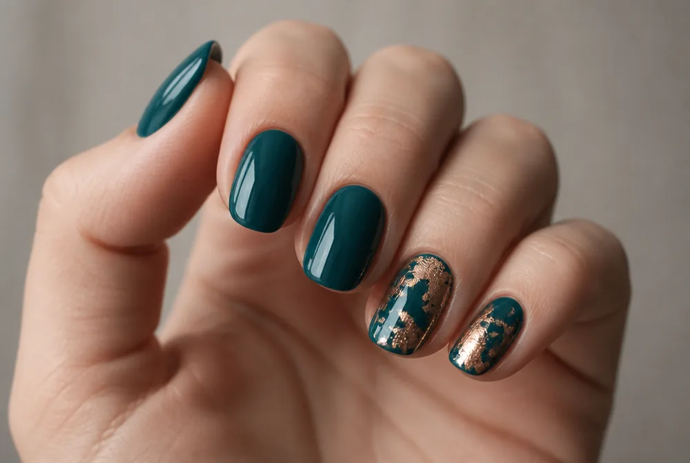 teal nails with copper foil accent