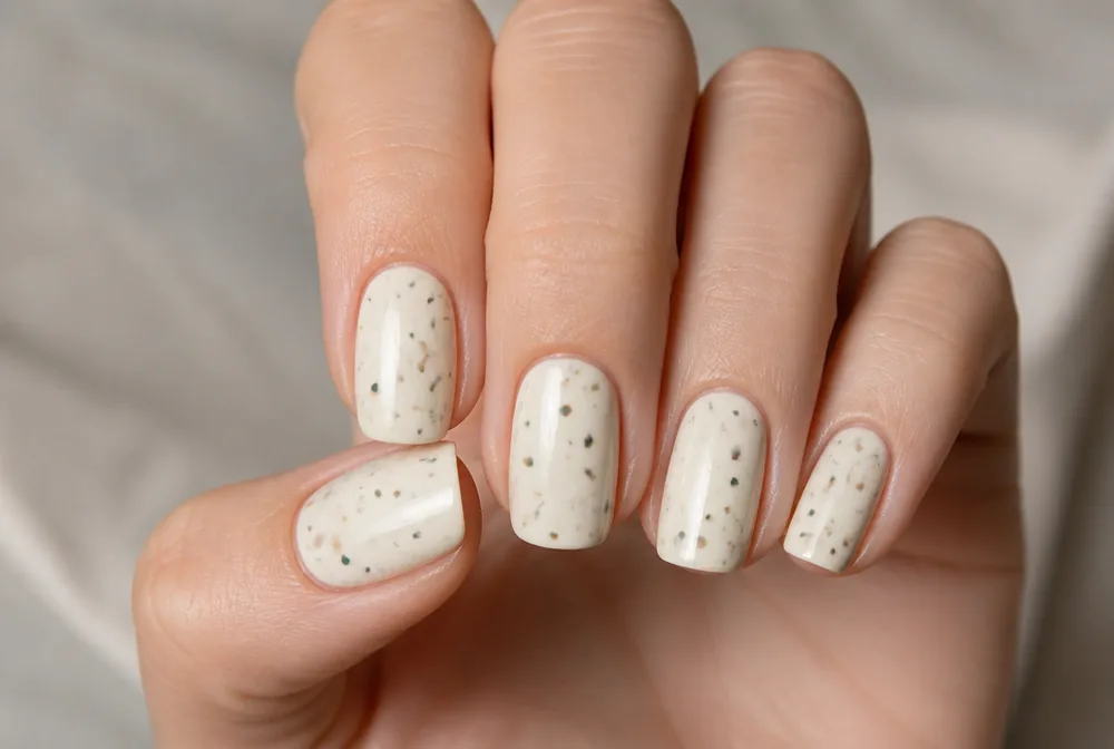 terrazzo nails with scattered colored flecks