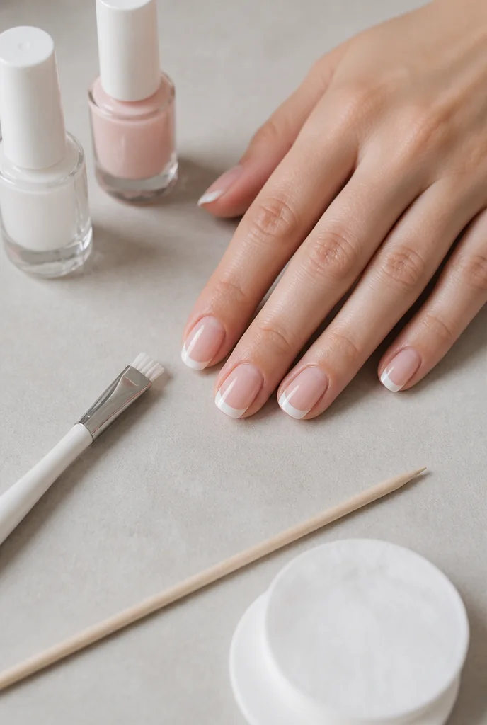 French manicure supplies laid out on a pale surface