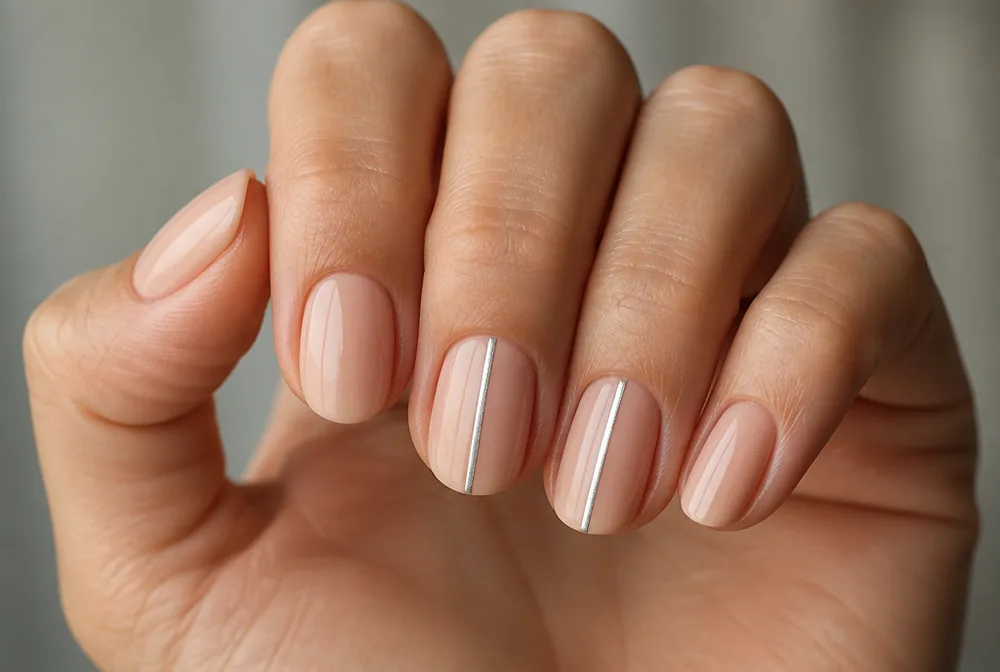 thin silver line nail art on nude base - PolishedAndPrettyNails.com thin silver line nail art on nude base