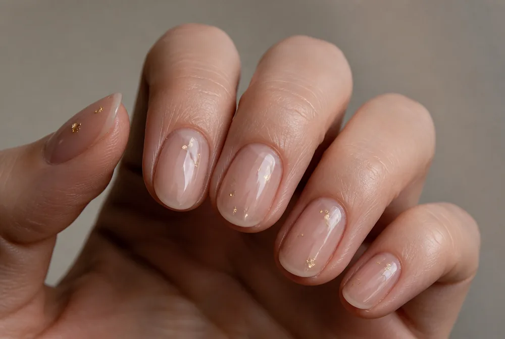 tiny gold foil flecks on sheer nude nails