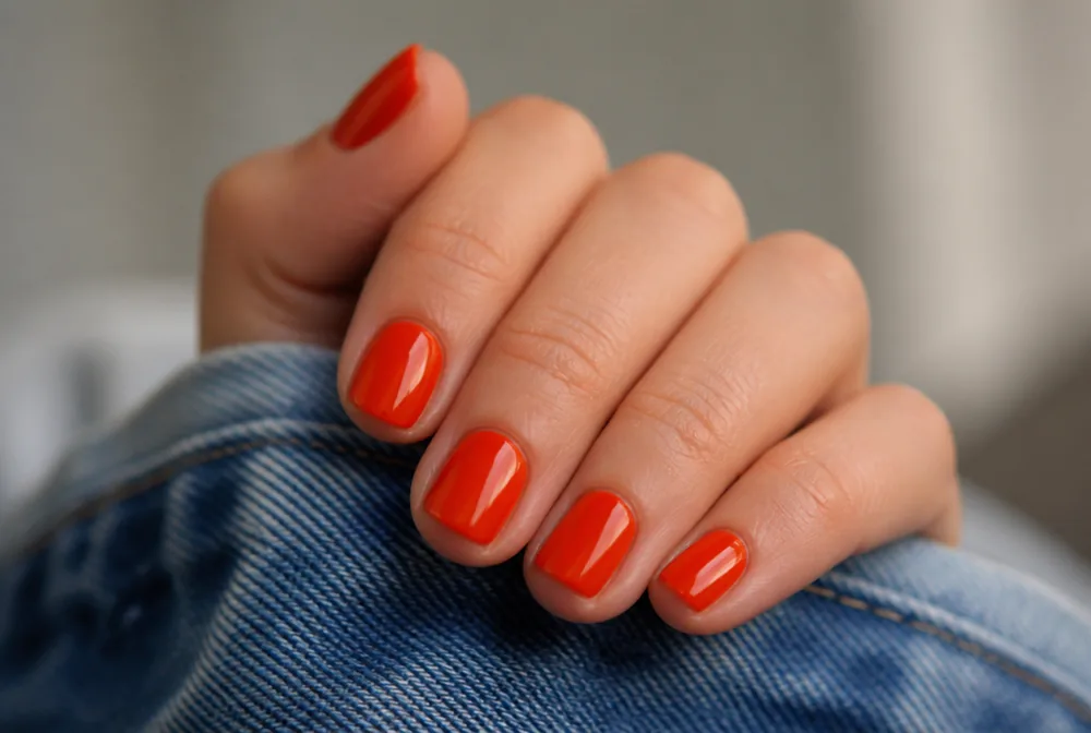 tomato red nails on short natural squoval nails