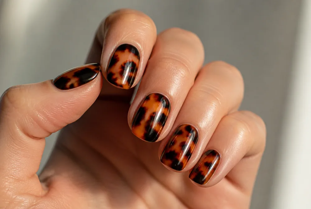 tortoiseshell brown nails with amber blotching - PolishedAndPrettyNails.com tortoiseshell brown nails with amber blotching
