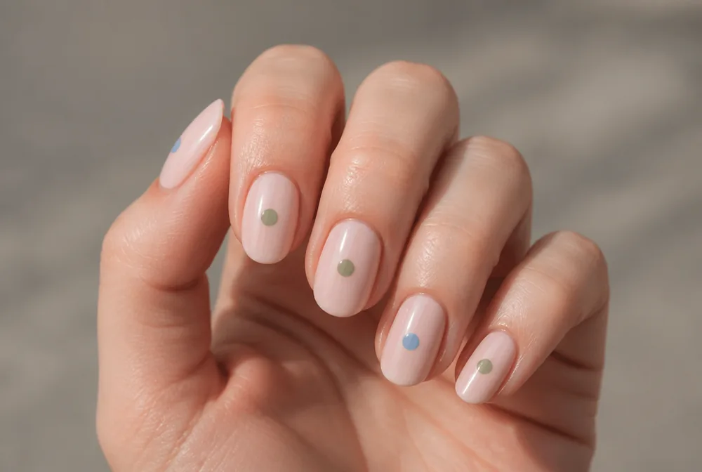 two color polka dot nails on nude base
