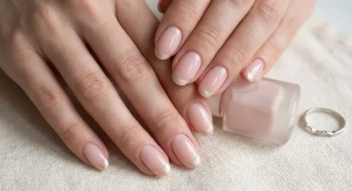 Understated Ombré in Neutral Tones - PolishedAndPrettyNails.com Understated neutral pink ombré nails beside a bottle of pink polish and a ring