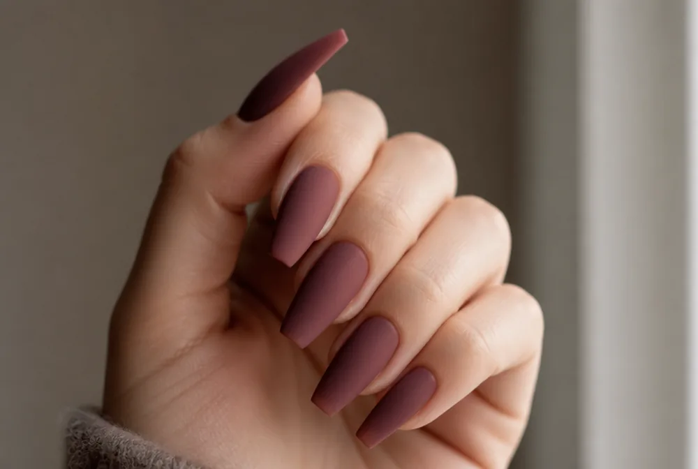 velvet matte coffin nails on medium length