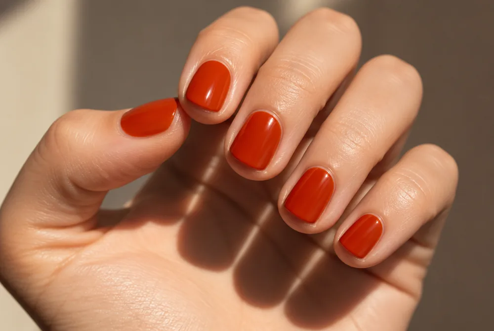 warm brick red Christmas nails on short round nails