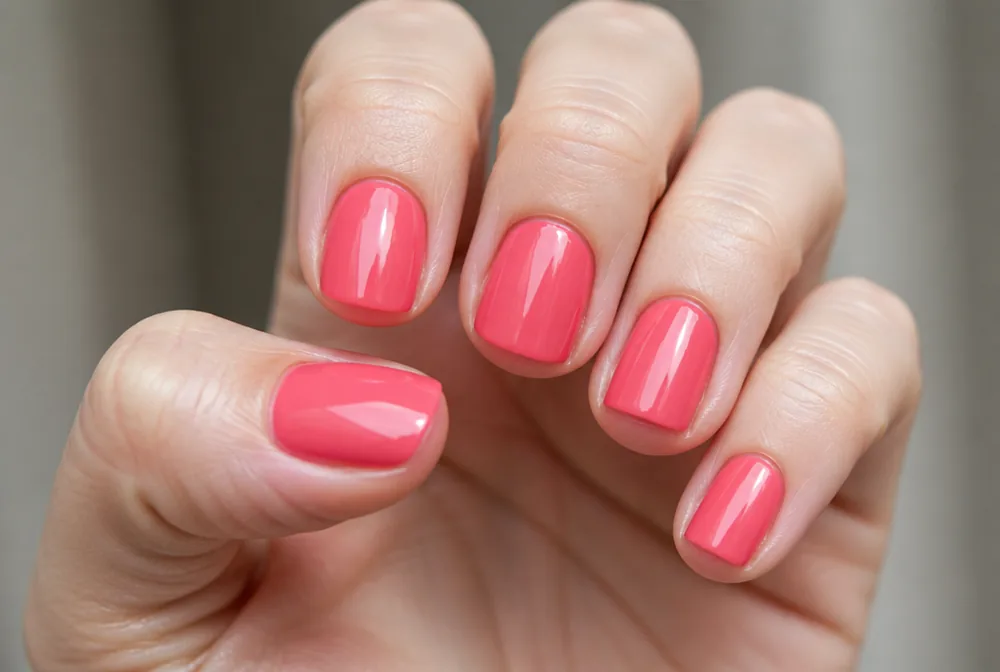 watermelon coral nails on short square shape