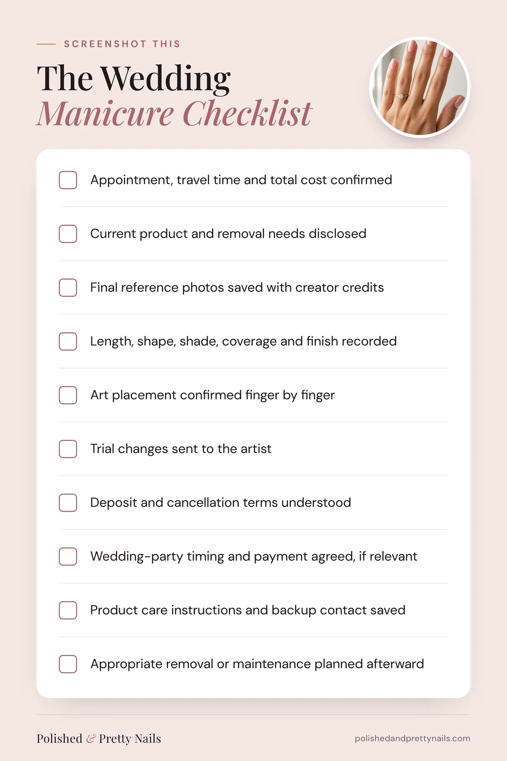 Ten-point wedding manicure checklist with checkboxes - PolishedAndPrettyNails.com Ten-point wedding manicure checklist with checkboxes