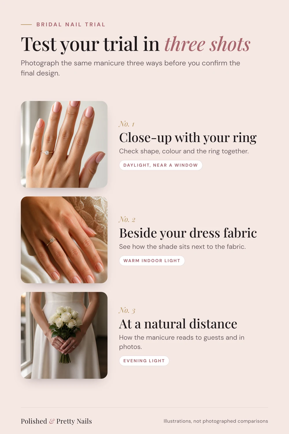 Three ways to photograph a bridal nail trial - PolishedAndPrettyNails.com Three ways to photograph a bridal nail trial: close-up with the ring, beside dress fabric, and holding the bouquet
