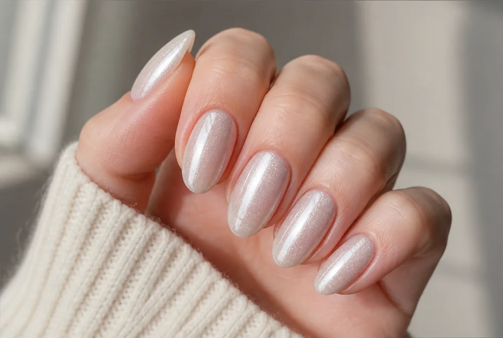 white cat eye magnetic nails with light stripe