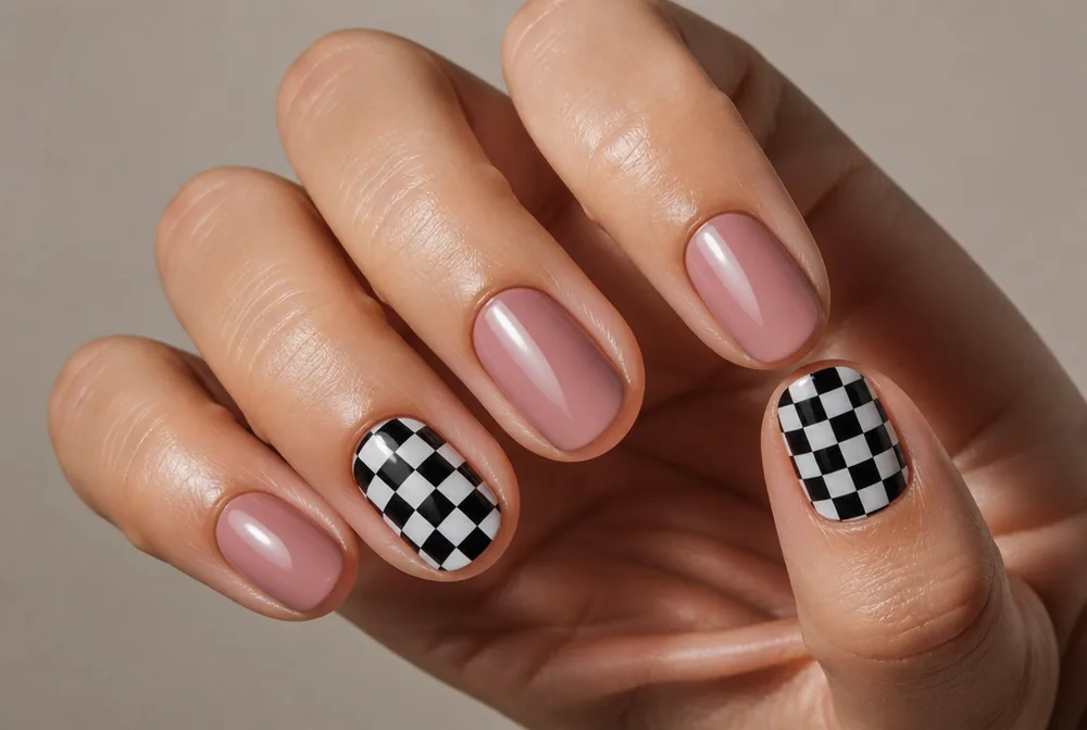 white checkerboard nail art on accent nails