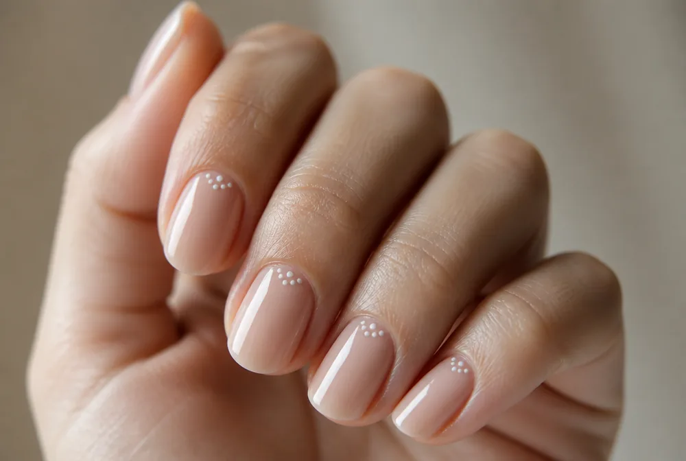 white dot cluster nail art on nude base