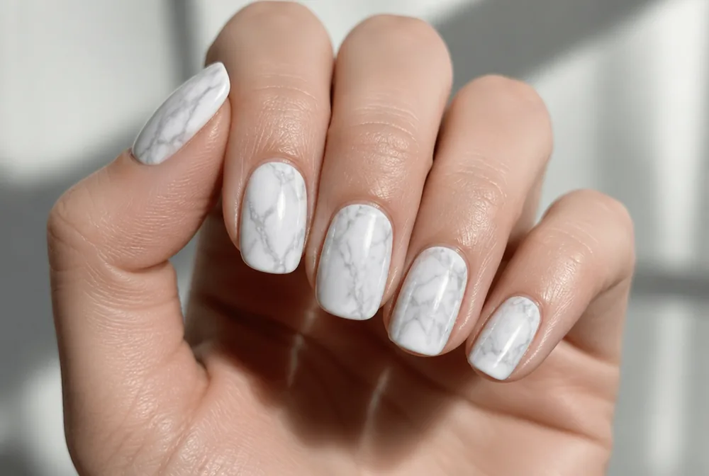 white marble nails with gray veining
