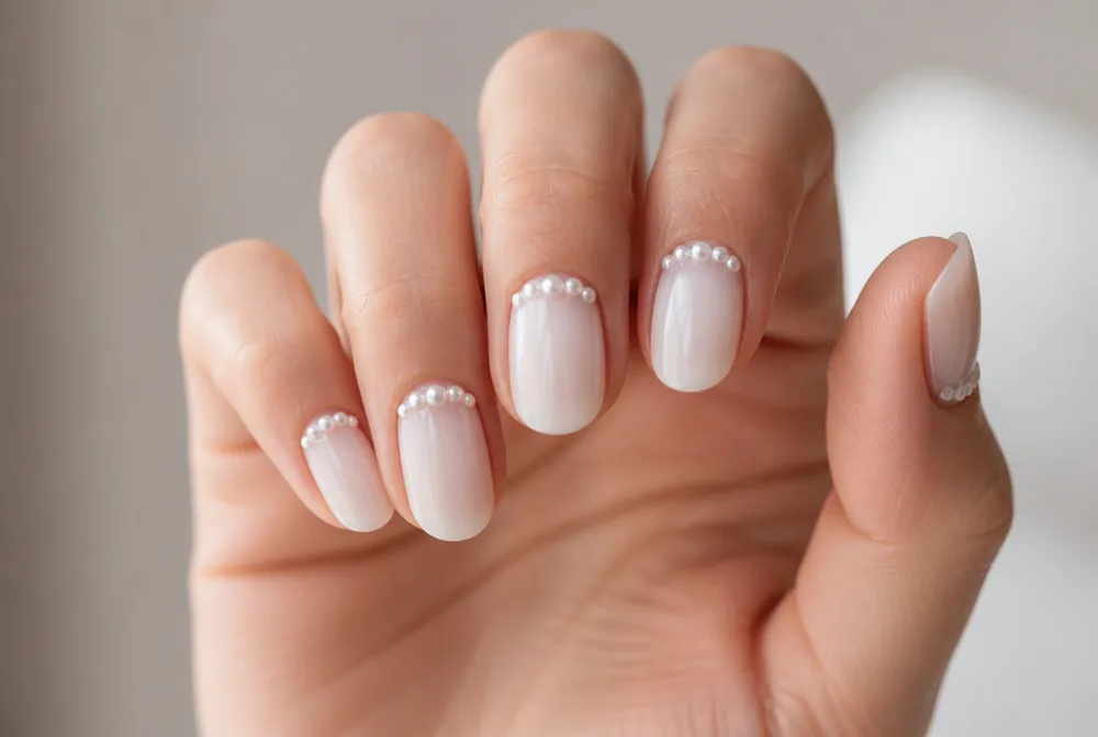 white nails with pearl bead cuticle detail
