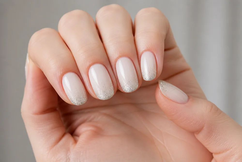 white nails with silver glitter tip detail