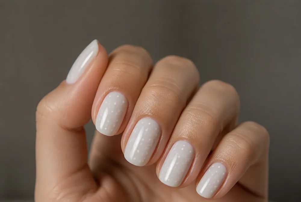 white on white polka dot nails on milky base