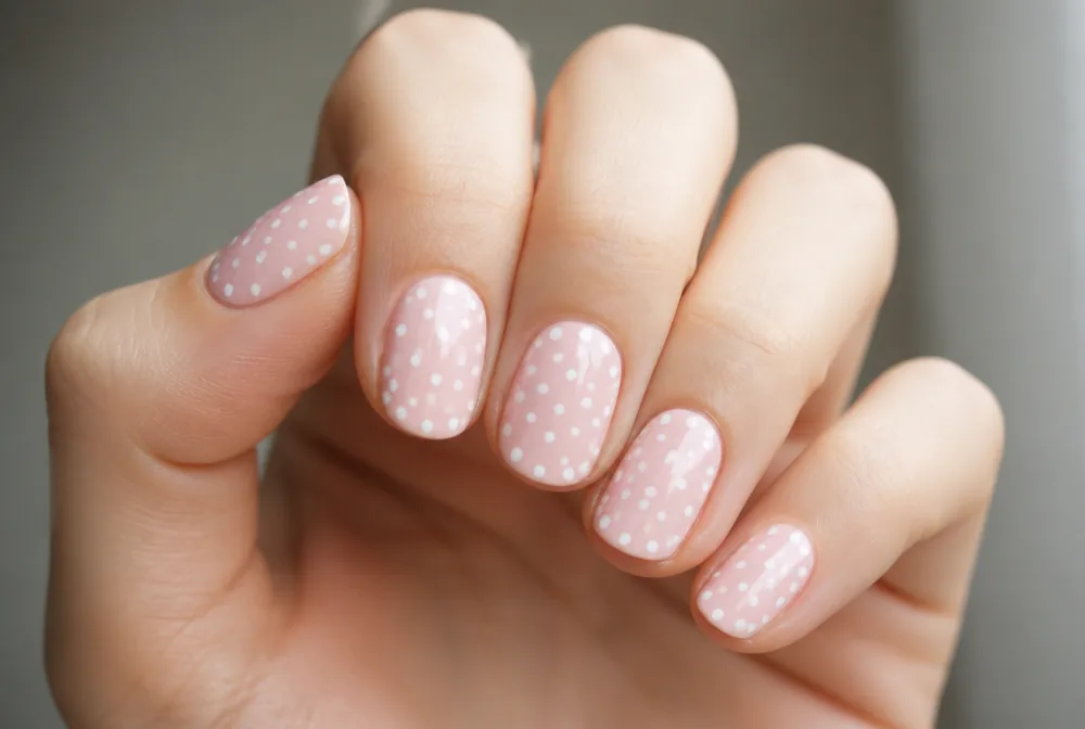 white polka dot stamped nails on pink base