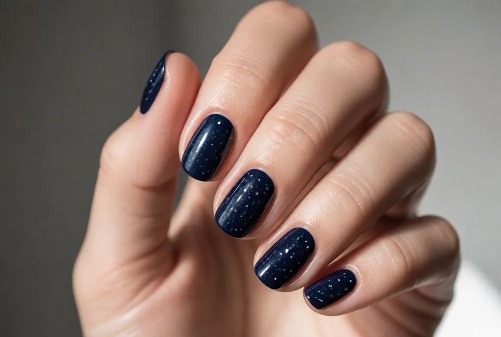 white polka dots on navy blue nails